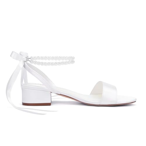 Low Block Heel Wedding Sandals Pearl Wedding Shoes for Bride Open Toe Bridal Shoes