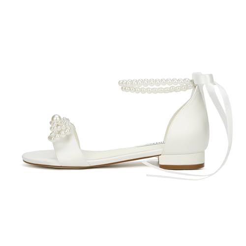 Flat Wedding Shoes for Bride Pearl Sandals Open Toe Wedding Flats Double Bowknots Bridal Flats