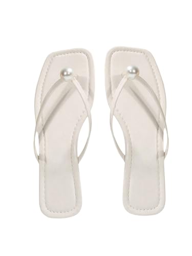 Women's Pearl Flip Flops Square Open Toe Thong Slide Dressy 2025 Wedding Dress Flat Sandals