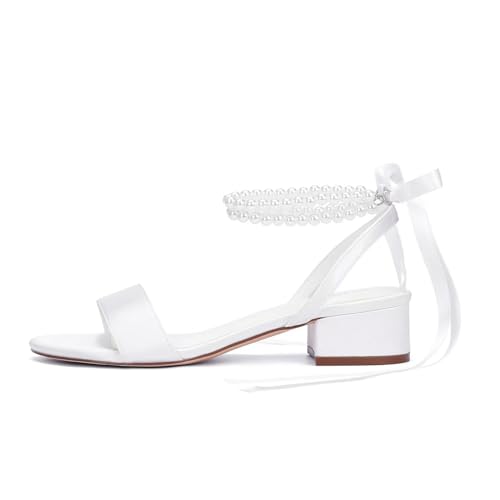 Low Block Heel Wedding Sandals Pearl Wedding Shoes for Bride Open Toe Bridal Shoes