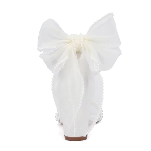 Bow Heels Pearl Wedding Shoes for Bride Low Block Heel Wedding Sandals Open Toe Bridal Shoes