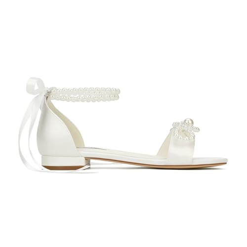Flat Wedding Shoes for Bride Pearl Sandals Open Toe Wedding Flats Double Bowknots Bridal Flats