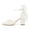 Block Heel Wedding Shoes for Bride Bow Heels Pointed Toe Pearl Bridal Shoes Wedding Heels
