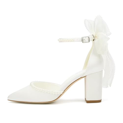 Block Heel Wedding Shoes for Bride Bow Heels Pointed Toe Pearl Bridal Shoes Wedding Heels