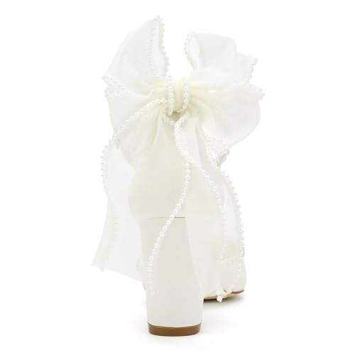 Block Heel Wedding Shoes for Bride Bow Heels Pointed Toe Pearl Bridal Shoes Wedding Heels