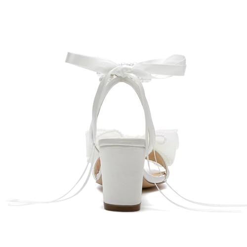 Bow Knot Heeled Sandals Wedding Shoes for Bride Block Heel Wedding Sandals Pearl Heels Bridal Shoes