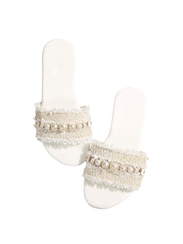Women's Pearls Chain Flat Sandals Dressy Open Toe Slip On Flats Summer Casual Outdoor Slide Sandals