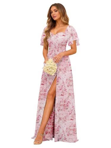 Women's Sweetheart Flutter Sleeves Bridesmaid Dresses with Slit A-line Short Sleeves Chiffon Formal Evening Dress
