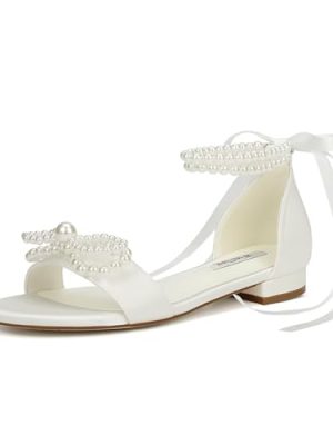 Flat Wedding Shoes for Bride Pearl Sandals Open Toe Wedding Flats Double Bowknots Bridal Flats