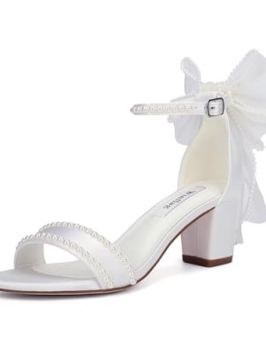 Bow Heels Pearl Wedding Shoes for Bride Low Block Heel Wedding Sandals Open Toe Bridal Shoes