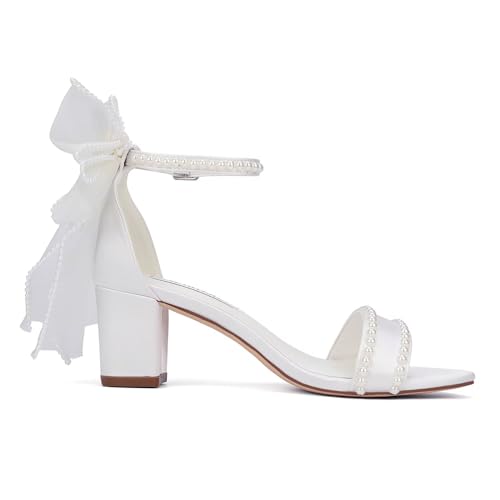 Bow Heels Pearl Wedding Shoes for Bride Low Block Heel Wedding Sandals Open Toe Bridal Shoes