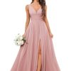 Chiffon Bridesmaid Dresses for Women Long V Neck Formal Evening Dresses with Slit