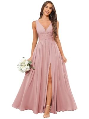 Chiffon Bridesmaid Dresses for Women Long V Neck Formal Evening Dresses with Slit