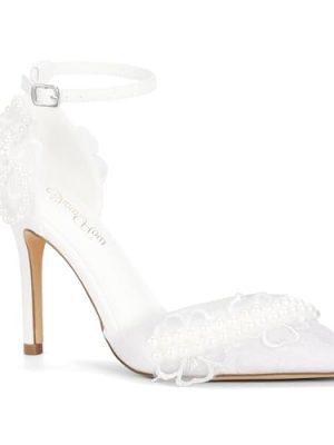 ShowHow Women's High Heels Stiletto Closed Pointed Toe Heels Pearl Lace Wedding Shoes Ankle Strap Pumps Bridal Party Wedding