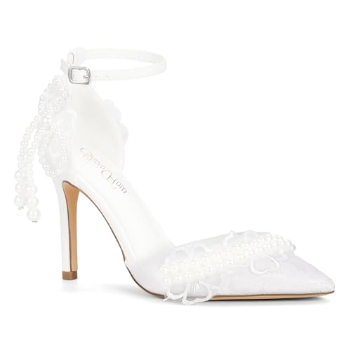 ShowHow Women's High Heels Stiletto Closed Pointed Toe Heels Pearl Lace Wedding Shoes Ankle Strap Pumps Bridal Party Wedding