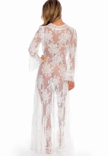 Women Sexy Long Lace Dress Sheer Gown See Through Lingerie Kimono Robe Swimsuit Cover Up