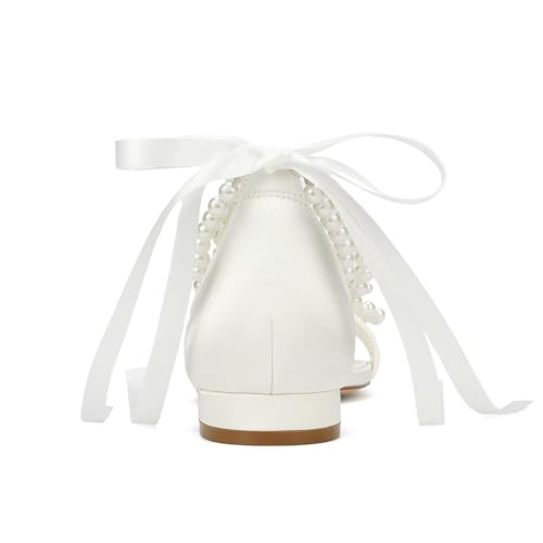 Flat Wedding Shoes for Bride Pearl Sandals Open Toe Wedding Flats Double Bowknots Bridal Flats