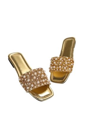 Women's Gold Pearl Sandals Square Open Toe Sequin Rhinestone Slip On Dressy Wedding Flat Slides