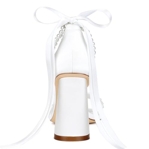 Pearl Heels Wedding Shoes for Bride Open Toe Bridal Shoes White Ivory Heels Chunky Heeled Sandals