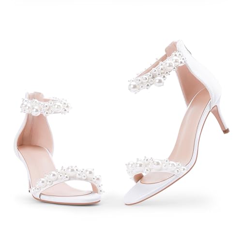 Women's Pearl Low Kitten Heel Ankle Strap Heeled Sandals Open Toe Wedding Bride Dress Shoes
