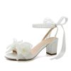 Bow Knot Heeled Sandals Wedding Shoes for Bride Block Heel Wedding Sandals Pearl Heels Bridal Shoes