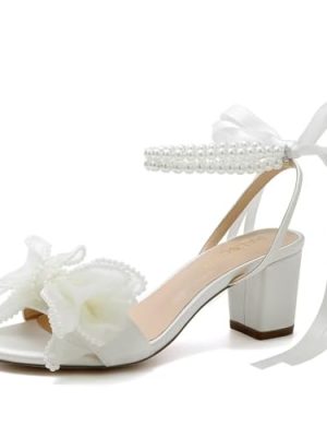 Bow Knot Heeled Sandals Wedding Shoes for Bride Block Heel Wedding Sandals Pearl Heels Bridal Shoes