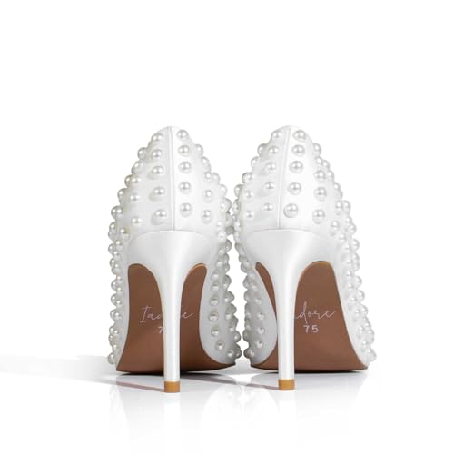 Women Sexy Stiletto High Heel Pumps Chic Pearl Studded Slip-on Shoes Satin Pointed Toe Fashion Dress Pumps Size 5-12 US