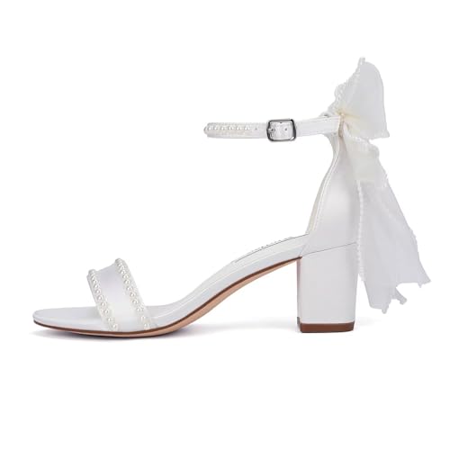 Bow Heels Pearl Wedding Shoes for Bride Low Block Heel Wedding Sandals Open Toe Bridal Shoes
