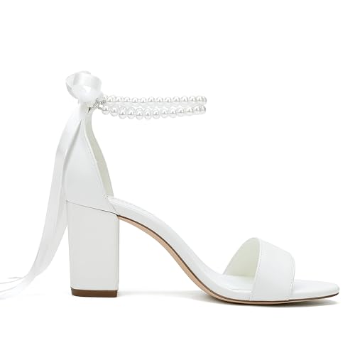 Women's Open Toe Block Heel Pearl Wedding Shoes for Bride Chunky Heeled Sandals Bridal Shoes Pumps