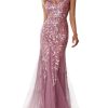 Women's Formal Dress Sequin Tulle Double V-Neck Sleeveless Mermaid Long Evening Dress 07886