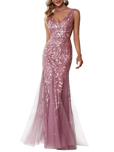 Women's Formal Dress Sequin Tulle Double V-Neck Sleeveless Mermaid Long Evening Dress 07886