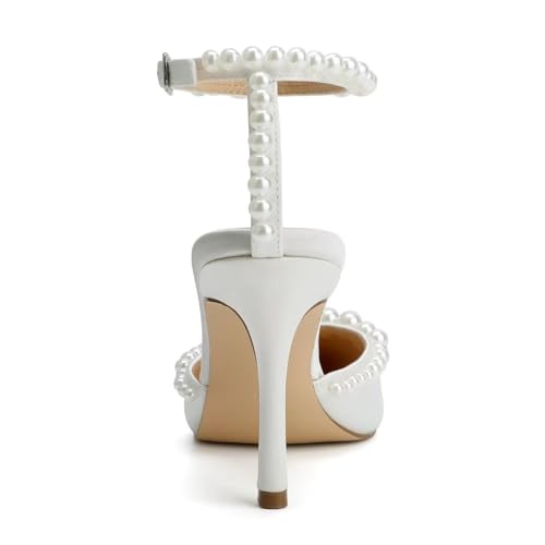 High Heel Wedding Shoes for Bride Pointed Toe Bridal Shoes Pearl Heels Ankle Strap Wedding Pumps