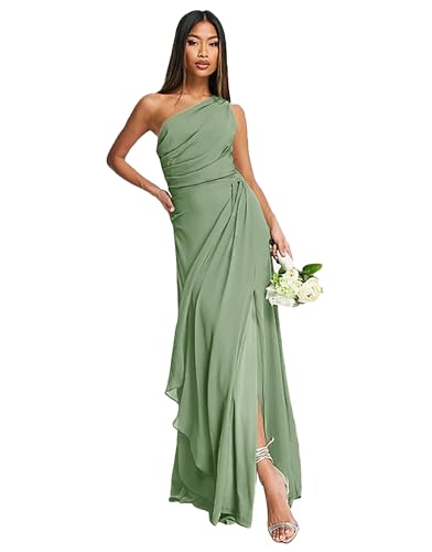 One Shoulder Bridesmaid Dresses for Women 2025 Ruched Chiffon A Line Long Formal Evening Dress with Slit
