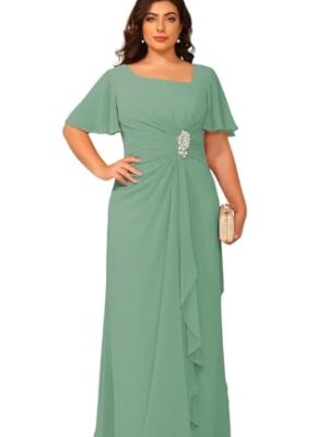 Women's Chiffon Mother of The Bride Dresses with Sleeves V Neck A Line Formal Evening Dress VS164N