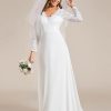 Women’s Fall Long Sleeve Lace V Neck Wedding Dress with Train Bridal Gown 01925-PH