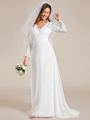 Women’s Fall Long Sleeve Lace V Neck Wedding Dress with Train Bridal Gown 01925-PH