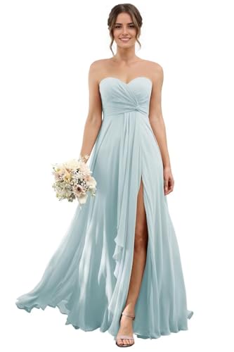 Sweetheart Chiffon Bridesmaid Dresses with Slit Long Pleated Prom Dress Strapless Formal Party Gowns