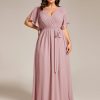 Women's Chiffon Short Sleeves A-Line V-Neck Empire Waist Floor Length Plus Size Formal Bridesmaid Dress