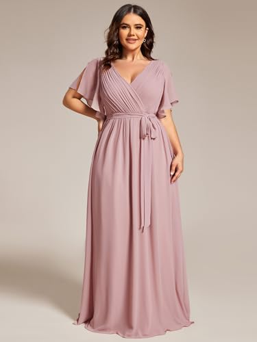 Women's Chiffon Short Sleeves A-Line V-Neck Empire Waist Floor Length Plus Size Formal Bridesmaid Dress