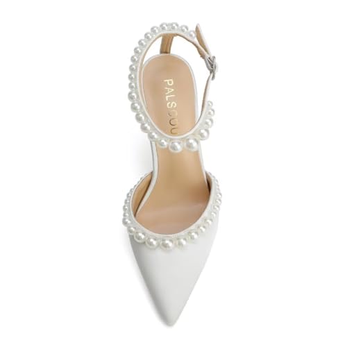 High Heel Wedding Shoes for Bride Pointed Toe Bridal Shoes Pearl Heels Ankle Strap Wedding Pumps
