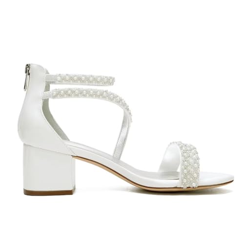 Low Block Heel Wedding Sandals for Bride Open Toe Wedding Shoes Pearl Wedding Heels Bridal Shoes
