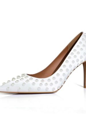 Women Sexy Stiletto High Heel Pumps Chic Pearl Studded Slip-on Shoes Satin Pointed Toe Fashion Dress Pumps Size 5-12 US