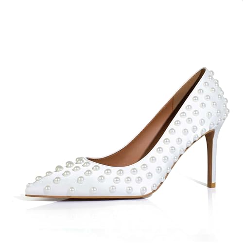 Women Sexy Stiletto High Heel Pumps Chic Pearl Studded Slip-on Shoes Satin Pointed Toe Fashion Dress Pumps Size 5-12 US