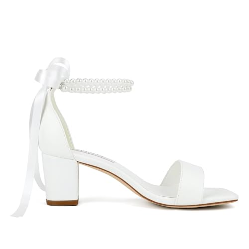 Block Heel Wedding Shoes for Bride Pearl Heels Wedding Sandals Square Open Toe Bridal Shoes