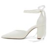 Closed Toe Pearl Heels Satin Wedding Shoes for Bride High Heels with Bow Chunky Block Heels for Women Prom Evening Party Dress