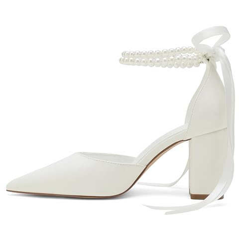 Closed Toe Pearl Heels Satin Wedding Shoes for Bride High Heels with Bow Chunky Block Heels for Women Prom Evening Party Dress