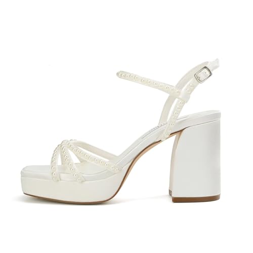Platform Heels Bridal Shoes Pearl Wedding Shoes for Bride Block Heel Wedding Sandals