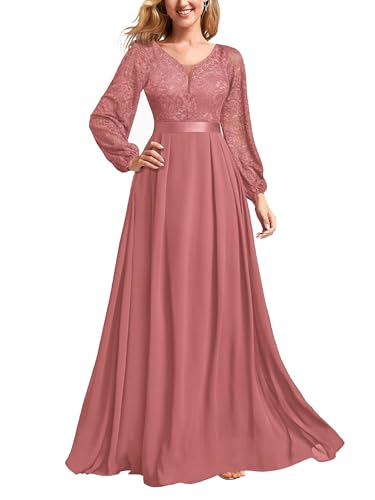 Women's Wedding Guest A-Line Dress Floral Lace Deep V Neck Long Sleeve Formal Evening Gown