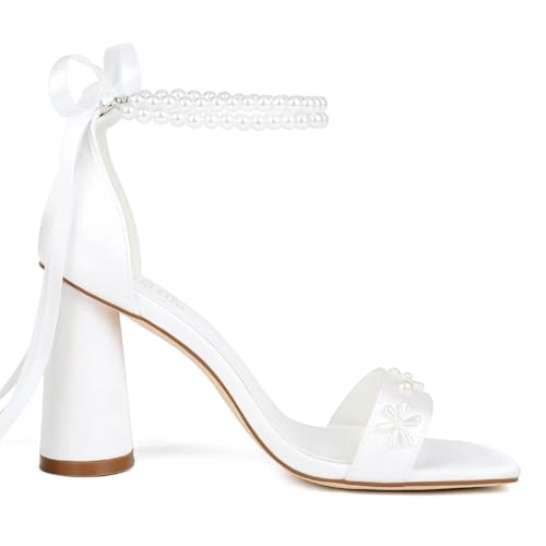 Pearl Heels Wedding Shoes for Bride Open Toe Bridal Shoes White Ivory Heels Chunky Heeled Sandals