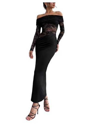 Women's Lace Off Shoulder Wedding Dresses Mesh Sheer Long Sleeve Bodycon Evening Gown